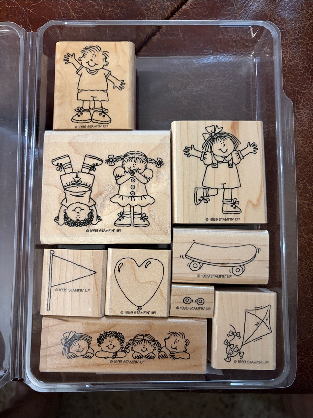 Wood Kids at Play Stamp Set Boys Girls Kite Skateboard Rollerblade